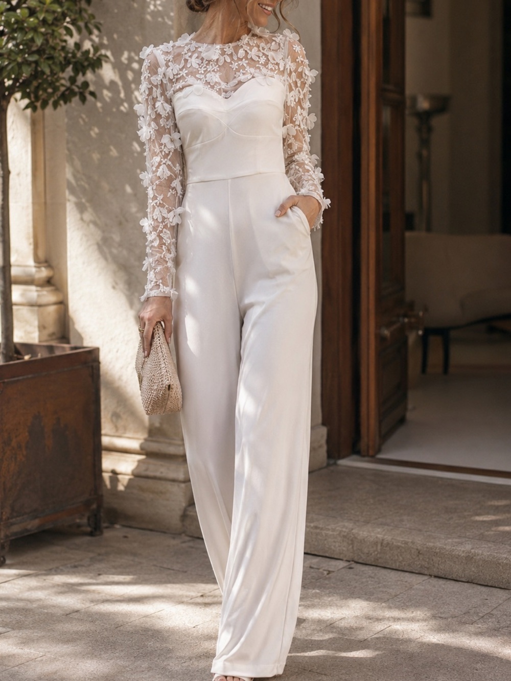 *Dress the Population Mila Long Sleeve White Lace Jumpsuit 3d flowers